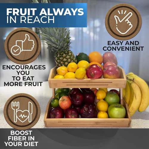 Miniatura 3 de Cesta de frutas de bambú de 2 niveles para encimera de cocina con ganchos para colgar plátanos, soporte de fruta de madera para encimera de cocina