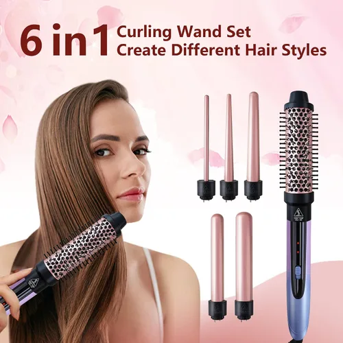 Miniatura 6 de Rizador de pelo 6 en 1 con cepillo rizador de calor instantáneo, rizador de pelo largo, rizador de pelo largo, 6 barriles de cerámica Oro rosa