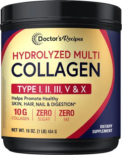 Doctor's Recipes Polvo de péptidos de colágeno múltiple para mujeres y hombres, proteína hidrolizada bovina alimentada con pasto tipo I II III V X,