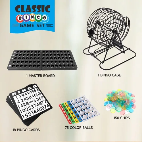 Miniatura 3 de GSE Games & Sports Expert Juego de bingo de lujo con jaula de acero, tablero maestro, 75 bolas, 150 fichas, 18 tarjetas de bingo para fiestas