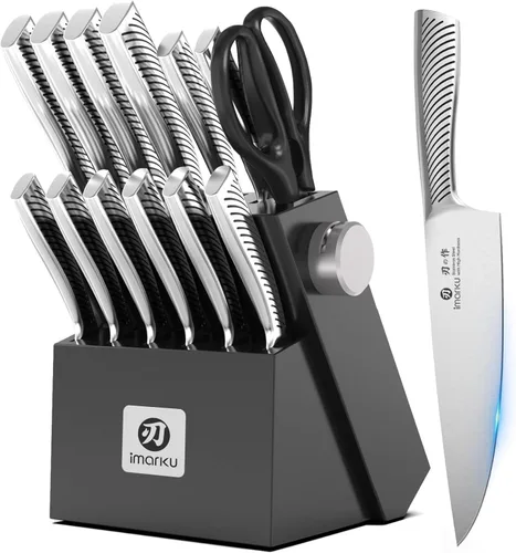 imarku Juego de 14 cuchillos de acero inoxidable de alto carbono con bloque, juego de cuchillos de cocina negro, apto para lavavajillas, afilador