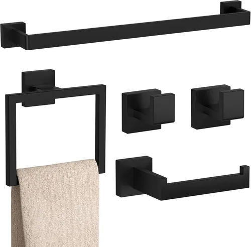 Juego de 5 piezas de accesorios de baño negro mate, juego de barra de toalla de baño de 23.6 pulgadas, juego de hardware de baño de acero inoxidable