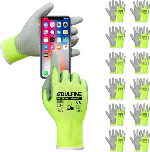 Miniatura 24 de DULFINE Guantes de trabajo de seguridad con revestimiento de poliuretano para hombres y mujeres - 12 pares, guante de punto sin costuras negro