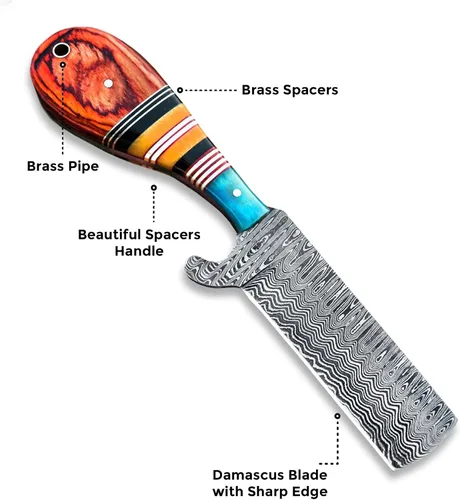 Miniatura 2 de Cuchillo de caza de Damasco hecho a mano, cuchillo de hoja fija de 8 pulgadas con funda, cuchillo de vaquero de espiga completa, cuchillo de Multi
