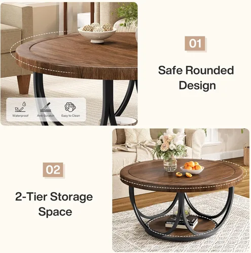 Miniatura 6 de Tribesigns Mesa auxiliar redonda con 2 niveles, mesa de cóctel circular de madera de 31.5 pulgadas con estante de almacenamiento y marco de metal