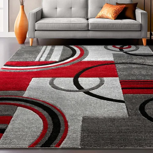 Miniatura 9 de Alfombra de felpa con círculos geométricos grises y rojos de Well Woven - Galaxy Waves (60010), Poliéster & Mezcla de poliéster