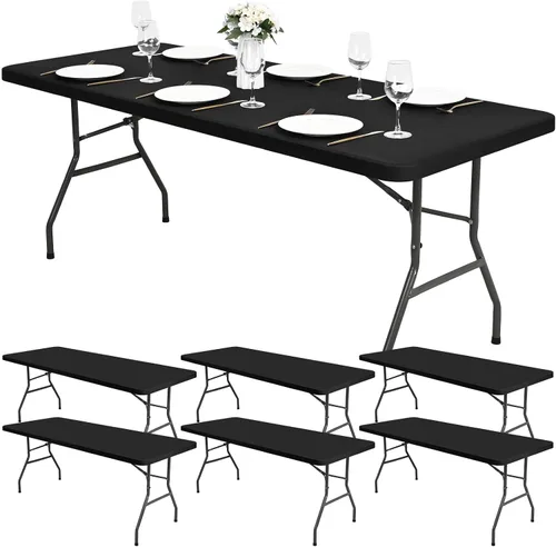 Miniatura 20 de Paquete de 6 fundas de tela elástica para mesa, color beige, para mesas de 8 pies, protector de mantel rectangular universal lavable y elástico
