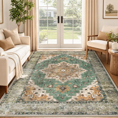 Miniatura 81 de Alfombra de Área 5x7 Alfombras Vintage: Alfombra Medallón Lavable para Interiores de Pelo Bajo Desgastada Alfombra de Piso Alfombras de Acento Retro