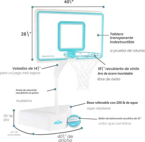 Miniatura 7 de Dunn-Rite Splash & Shoot, aro de baloncesto ajustable para piscina al aire libre con altura variable, pelota, base y borde de acero inoxidable de 18