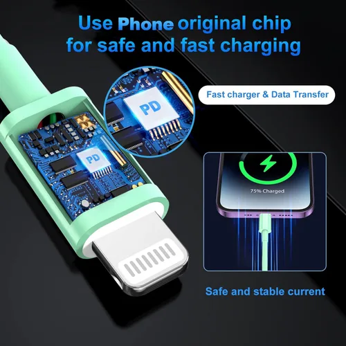Miniatura 4 de Dayaoncy Paquete de 3 cables verdes de 3 metros USB C a Lightning de carga rápida compatible con iPhone 14/13/12/12 Pro Max/11 Verde