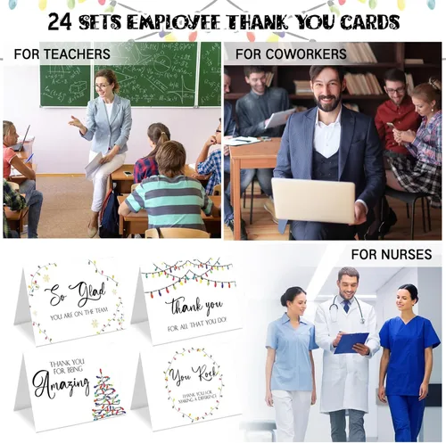 Miniatura 7 de Cholemy 24 Juegos de Tarjetas de Agradecimiento de Navidad para Compañeros de Trabajo, Empleados, Personal del Equipo con Sobres y Calcomanías, Los