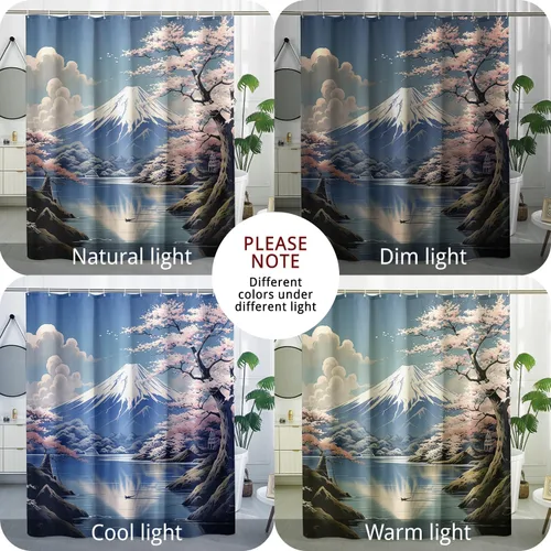 Miniatura 5 de Cortina de ducha japonesa Fuji Mountain de cerezo asiático, cortina de ducha con diseño de anime, decoración de baño, tela de poliéster, 62 x 72 Azul