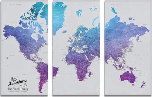 Miniatura 25 de 3 paneles - Mapa de viaje colorido del mundo con alfileres en lienzo envuelto en galería, mapa de pared grande