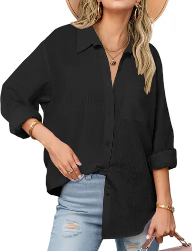 Miniatura 25 de Zeagoo - Blusas de lino con botones para mujer, de gasa, algodón, manga larga, blusas informales con cuello, corte holgado