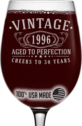 Copa de vino grabada de 16 onzas con tallo vintage de 1996 – Regalos de feliz cumpleaños 30 para mujeres y hombres, decoración de decoración de
