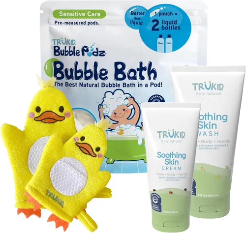 TruKid Podz de burbujas para eccema con crema para eccema y guante de burbujas - Juego de baño de burbujas suave y cuidado de la piel para niños y