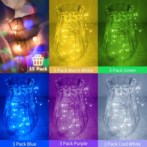 Miniatura 6 de SmilingTown Luces de Hadas Navideñas en Cadena, 15 paquetes de 20 luces LED, funciona con pilas, 6.6 pies, alambre de cobre plateado, cadena de 5
