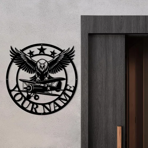 Miniatura 3 de Magilab Placa de pared de avión retro con nombre personalizado, decoración de metal de hierro personalizado, letrero de aviación negro de 8 a 30
