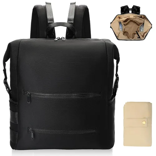 Omanmoli Mochila para pañales, bolsa grande de neopreno para niños y niñas con 15 organizadores de bolsas de pañales, 2 bolsillos aislados, Negro