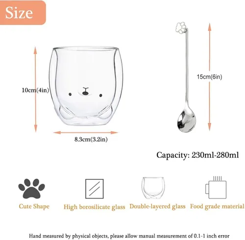 Miniatura 6 de Binoster Tazas Lindas de Oso Kawaii de Vidrio de Doble Pared para Café y Té, Taza de Yogur Divertida, Regalo Novedoso para Mujeres, Sus Amigas