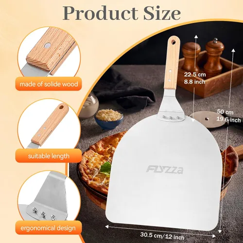 Miniatura 4 de Pala cuadrada de pizza de 12 pulgadas, espátula de pizza de acero inoxidable con mango largo ergonómico de madera para hornear al horno de pizza
