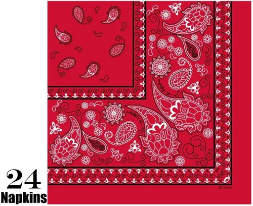 Miniatura 7 de Oojami Sirve 24 – Bandana roja suministros para fiesta occidental – Paquete completo de fiesta con platos llanos de 9 pulgadas, platos de postre