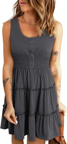 Dokotoo Vestidos de verano para mujer, sin mangas, con botones, cintura elástica, volantes, escalonados, casual, con vuelo, mini vestido