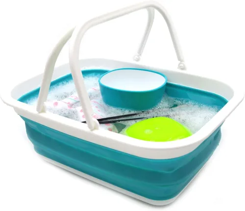 Miniatura 5 de SAMMART Juego de 2-15.5L (4.1 galones) bañera plegable con asa – Cesta de picnic portátil al aire libre/cráter – Bolsa de compras plegable