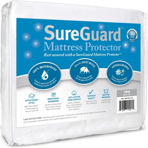 Protector de colchón de SureGuard, 100% impermeable, hipoalergénico, de algodón de primera calidad, gemelo, Blanco