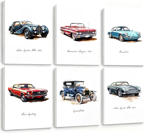 Miniatura 7 de HUACANVASART Impresiones artísticas de pared de automóvil clásico en acuarela, póster de pared de automóvil clásico vintage, póster de arte retro