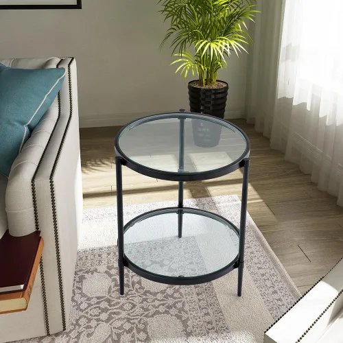 Miniatura 11 de Mesa de centro rectangular de cristal, mesa central de 2 niveles, mesa de café moderna para sala de estar, 43.3 x 23.62 pulgadas, color negro