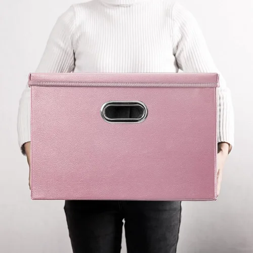 Miniatura 7 de PRANDOM - Cajas de almacenamiento grandes apilables con tapas (paquete de 3 unidades), cajas organizadoras de tela de cuero plegables con tapa