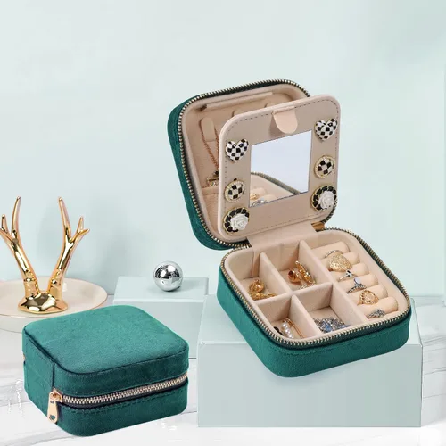 Miniatura 2 de Dajasan Joyero de viaje de terciopelo, mini estuche de joyería de viaje, pequeño organizador de joyas de viaje portátil con espejo para mujeres