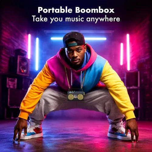 Miniatura 7 de Altavoz inalámbrico portátil mini Bluetooth de 50 aniversario del Hip Hop, Boombox retro portátil, collar de 27 pulgadas, radio FM, botones a bordo