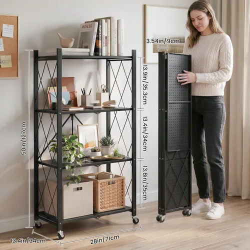 Miniatura 3 de DEANIC Estantes de almacenamiento plegables de 4 niveles con ruedas, estantería de gran capacidad, estante de alambre de metal independiente, Negro