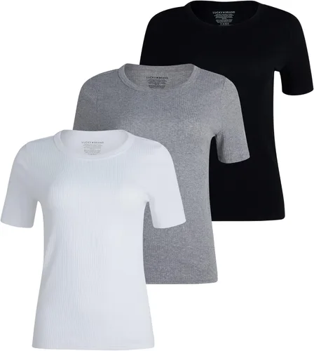 Lucky Brand Camiseta para mujer, paquete de 3 camisetas de algodón elástico con cuello redondo y manga corta acanaladas, camisetas básicas sólidas