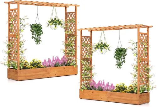 Miniatura 14 de Giantex Cama de jardín elevada con enrejado y techo colgante, jardinera de madera con parte inferior y agujeros de drenaje, maceta de jardín