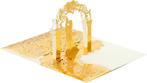 Miniatura 2 de NC Paquete de 10 invitaciones de boda desplegables en 3D doradas, elegantes tarjetas de aniversario de diseño de novia y novio para celebraciones