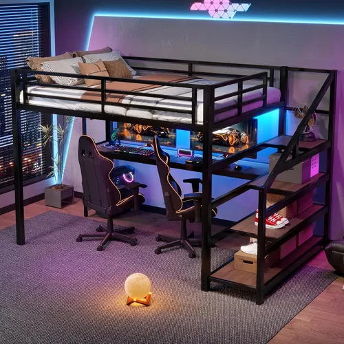 Miniatura 18 de Bellemave Cama tipo loft de metal de tamaño matrimonial con escritorio en forma de L, marco de cama tipo loft con luz LED, estación de carga