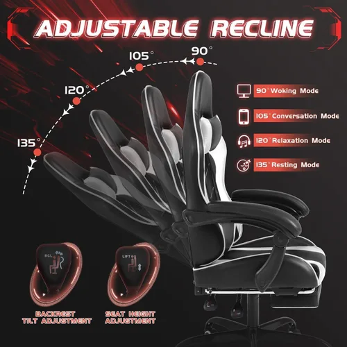 Miniatura 7 de Shahoo Silla de juegos con reposapiés y soporte lumbar de masaje, sillas ergonómicas para computadora giratorias de 360° y asiento ajustable