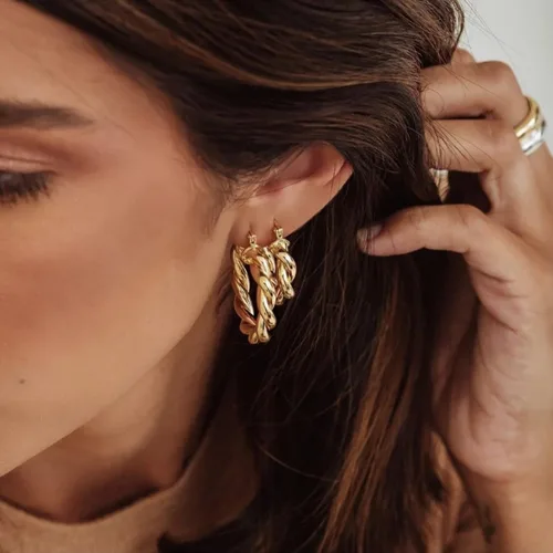 Miniatura 91 de Aretes de aro gruesos de oro para mujer, chapados en oro de 14 quilates, aretes de aro triple, hipoalergénicos, a la moda, aretes de aro gruesos