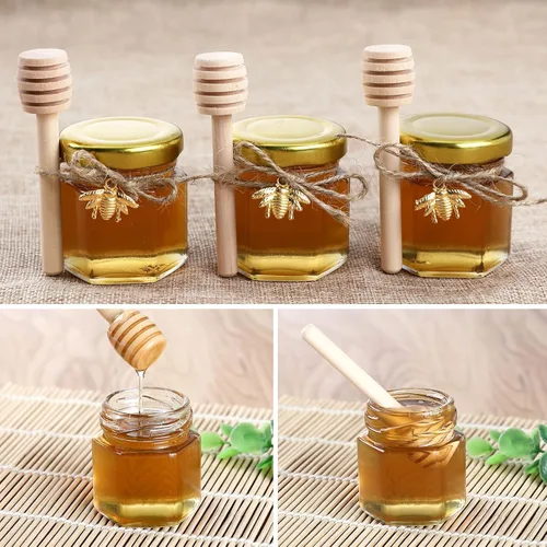 Miniatura 4 de XING-RUIYANG Mini tarros hexagonales de miel de 1.5 onzas, paquete de 30 tarros de miel con tapa dorada, colgantes de abeja, yutes, perfectos