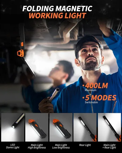 Miniatura 8 de Luz de trabajo LED, luz mecánica plegable de 400 lm, linterna recargable con 5 modos, luz magnética giratoria de 230° y gancho para reparación