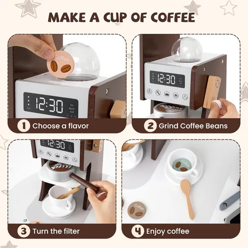 Miniatura 3 de HONEY JOY Cocina de Jugar de Esquina, Juego de Cocina de Madera para Niños Pequeños con Luces, Cafetera, Microondas, Fregadero, Grifo, Juego