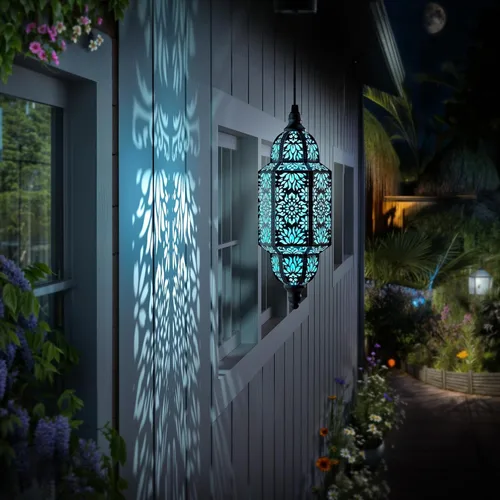 Miniatura 6 de Twinkya Paquete de 2 luces solares colgantes para jardín, farol solar decorativo para exteriores, impermeables, de metal, marroquí, decoraciones al