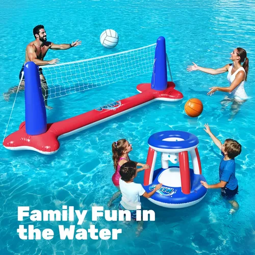 Miniatura 3 de JOYIN - Juego de flotadores inflables para piscina con red de voleibol y aros de baloncesto, pelotas incluidas para niños y adultos, juguete de Rojo