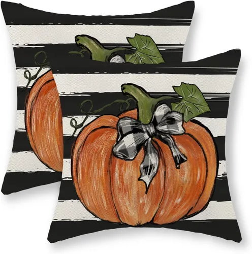 Miniatura 14 de Juego de 2 fundas de almohada de otoño de 16 x 16 pulgadas, diseño de calabaza azul y naranja, decoración de Acción de Gracias, decoración de otoño