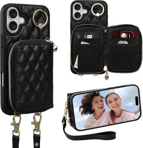 Miniatura 53 de Funda tipo cartera para iPhone 15 de 6.1 pulgadas, bolso cruzado con cremallera y correa para la muñeca con cordón para mujer, tarjetero con bloqueo