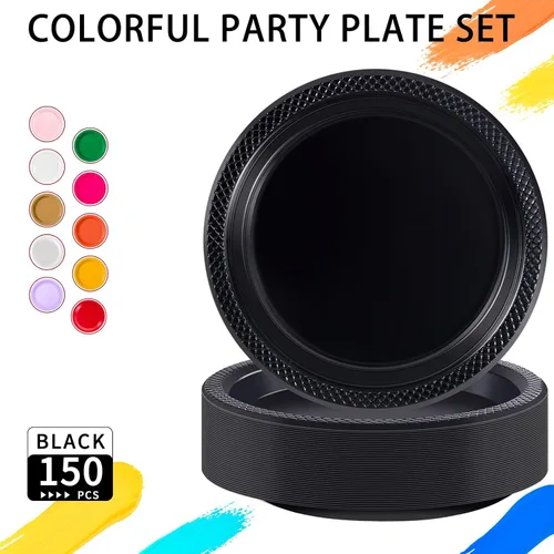 Miniatura 9 de Platos de plástico negro WELLIFE de 9 pulgadas - 150 unidades para fiesta, platos de plástico desechables para cena de Halloween, picnic, BBQ