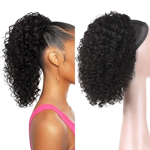 Miniatura 14 de Extensión de cola de caballo de cabello humano de 12 pulgadas con cordón rizado profundo para mujeres negras, extensión rizada 3C, color negro